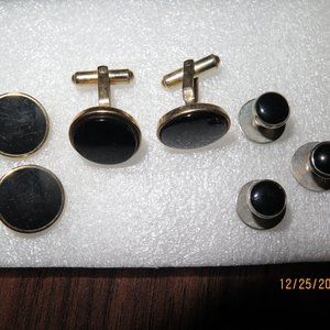 7 piece Black Onyx gold men's cuff links buttons tuxedo shirt buttons